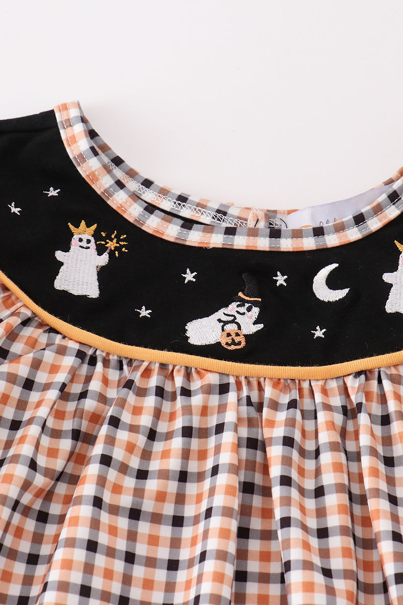 Halloween ghost embroidery plaid girl set