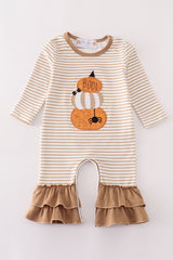 Khaki stripe pumpkin glitter girl romper