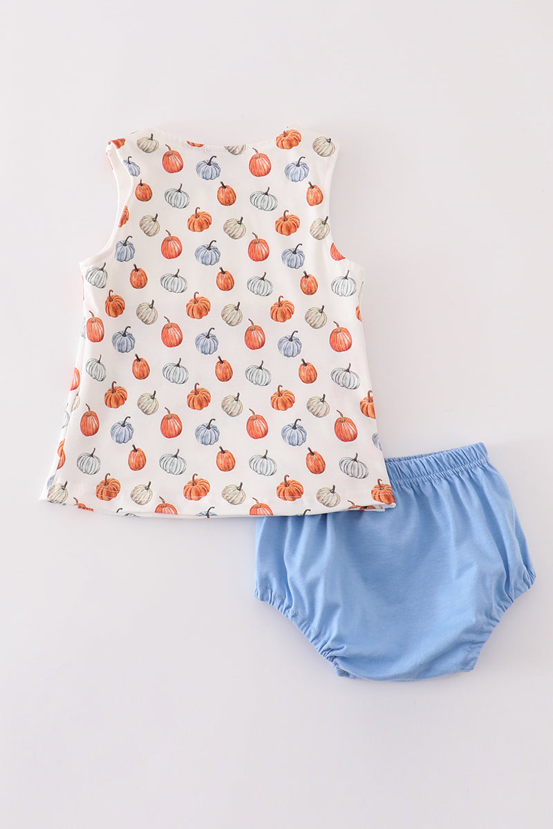 Blue pumpkin baby boy bloomers set