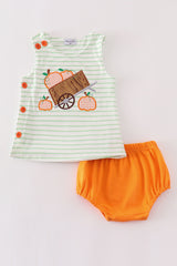 Orange wheelbarrow pumpkin applique baby boy set