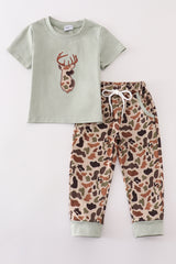 Green camouflage deer applique boy pants set