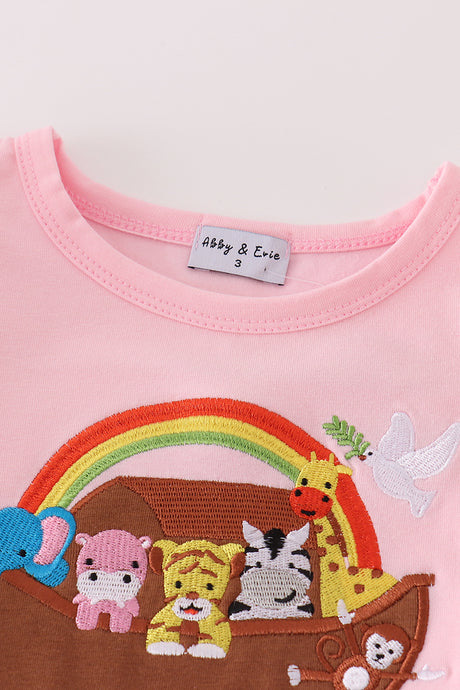 Pink stripe noah's ark applique girl set