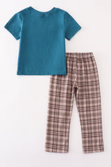 Brown plaid turkey french knot boy set