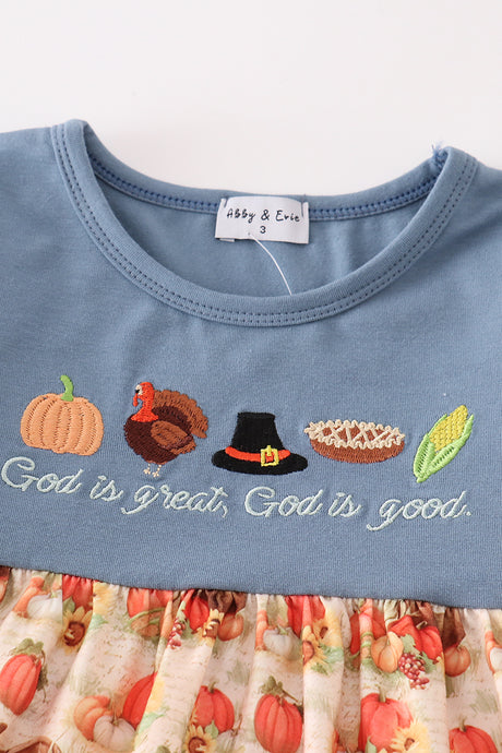 Blue thanksgiving turkey embroidery girl set