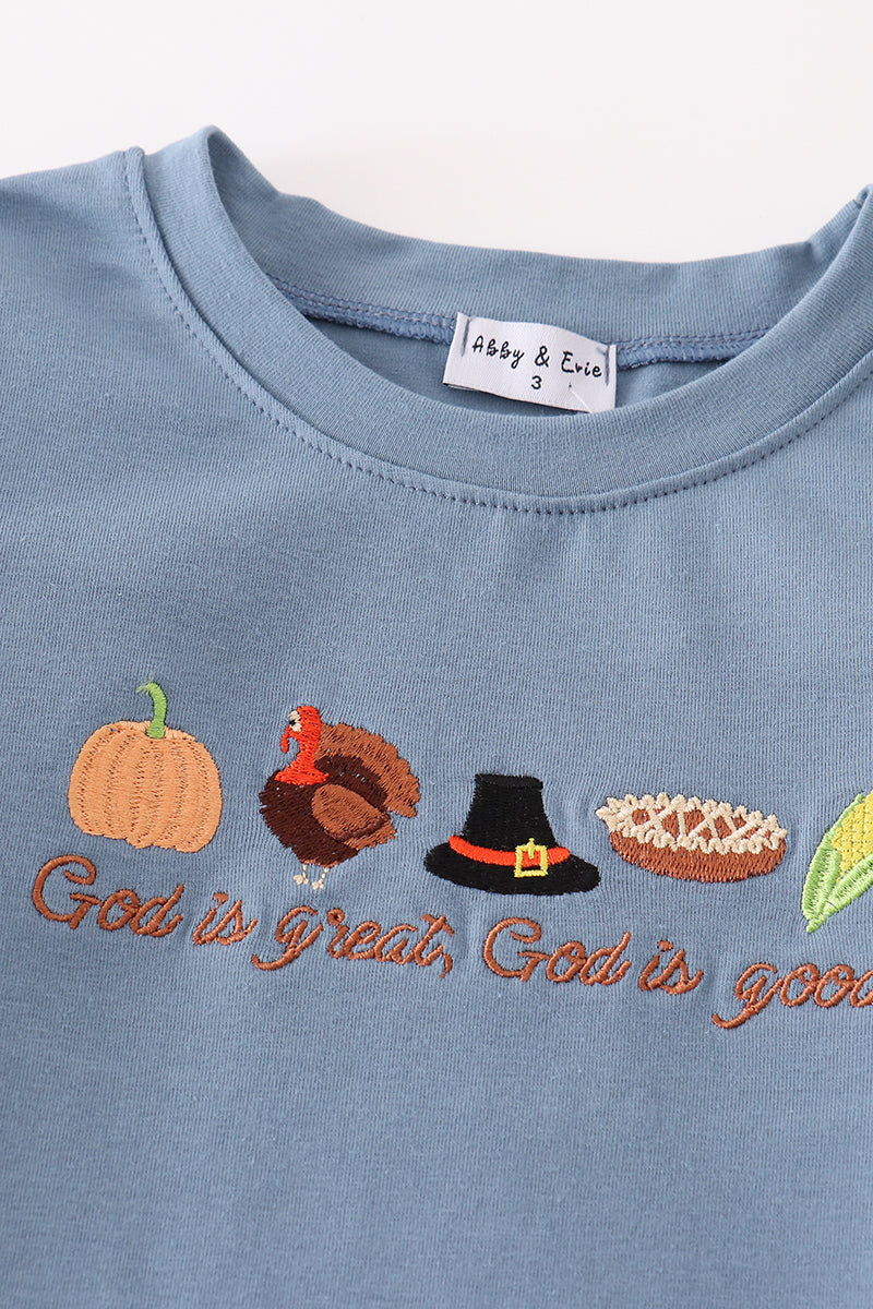 Blue thanksgiving turkey embroidery boy set