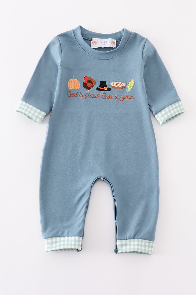 Blue thanksgiving turkey embroidery boy romper