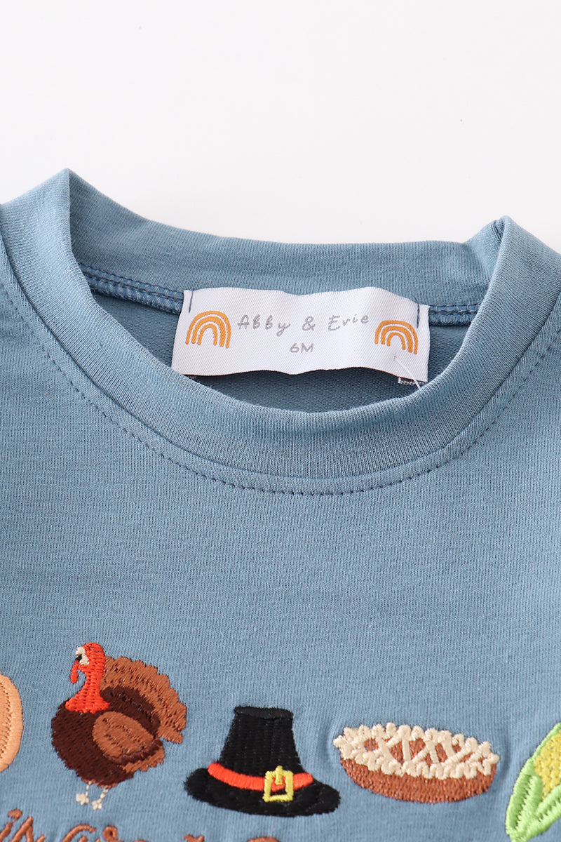 Blue thanksgiving turkey embroidery boy romper