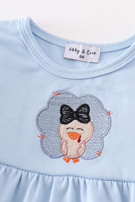 Blue thanksgiving turkey embroidery girl ruffle bubble