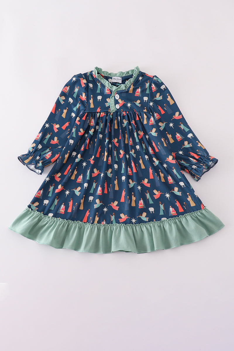 Navy nativity print ruffle gown