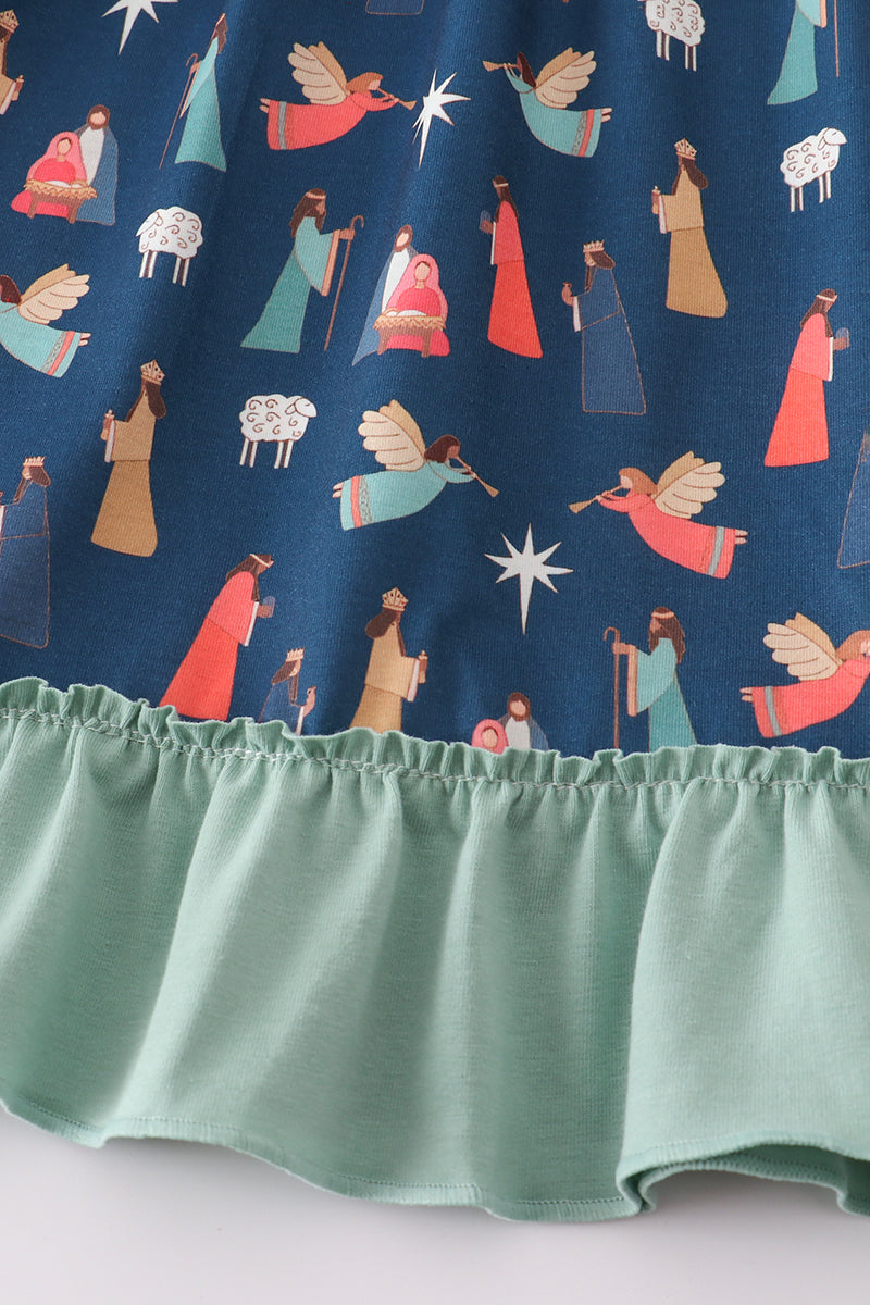 Navy nativity print ruffle gown