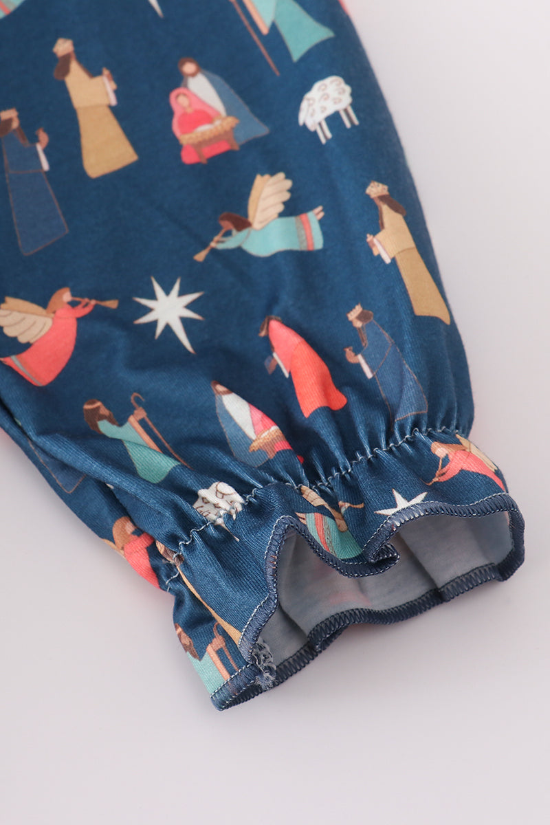 Navy nativity print ruffle gown