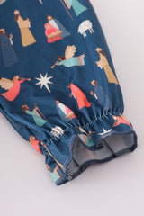 Navy nativity print ruffle gown