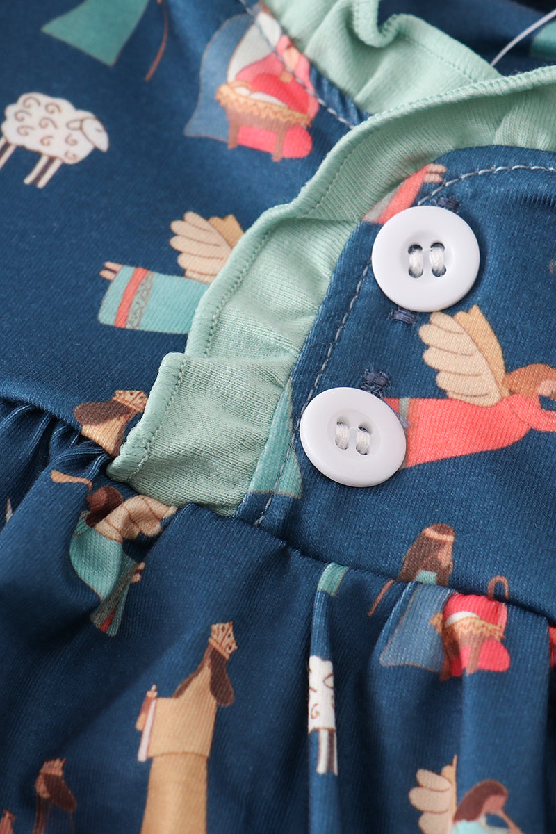 Navy nativity print ruffle gown