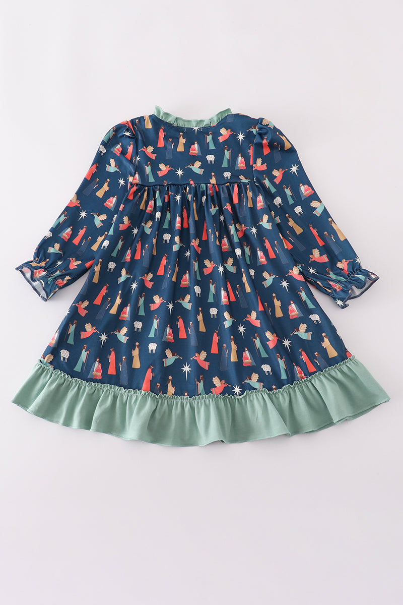 Navy nativity print ruffle gown