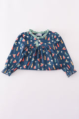 Navy nativity print ruffle gown