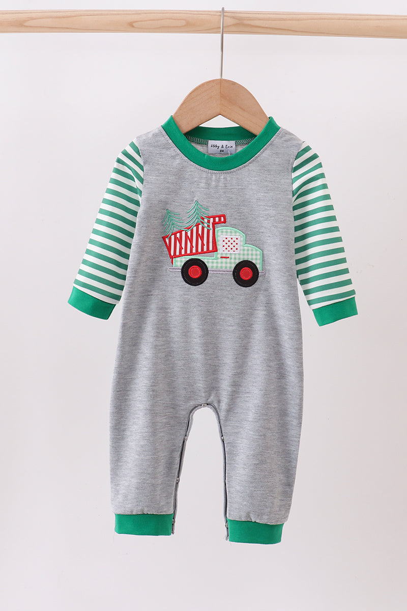 Green tree tractor applique stripe romper