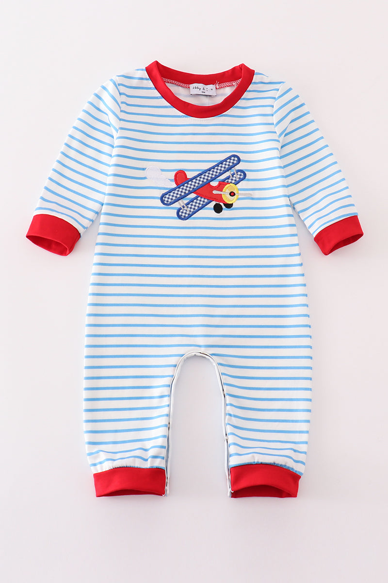 Blue stripe airplane applique boy romper