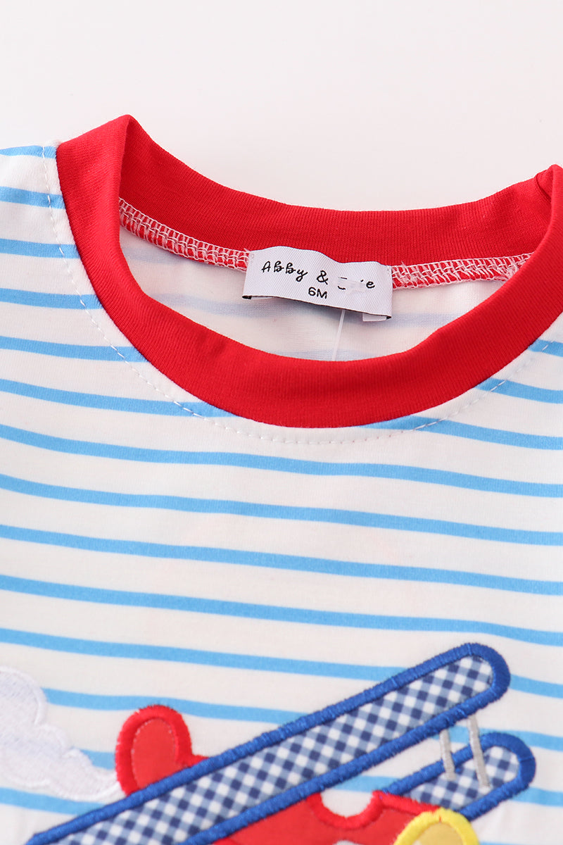 Blue stripe airplane applique boy romper