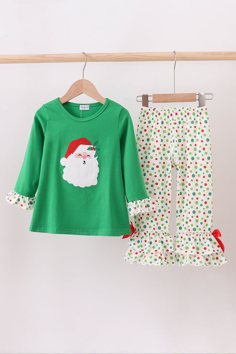 Green santa claus applique ruffle pants set