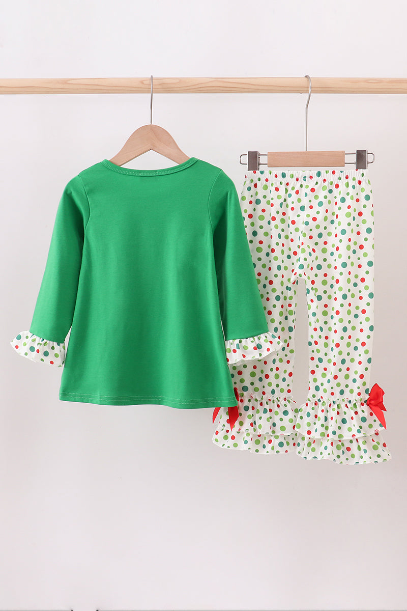 Green santa claus applique ruffle pants set