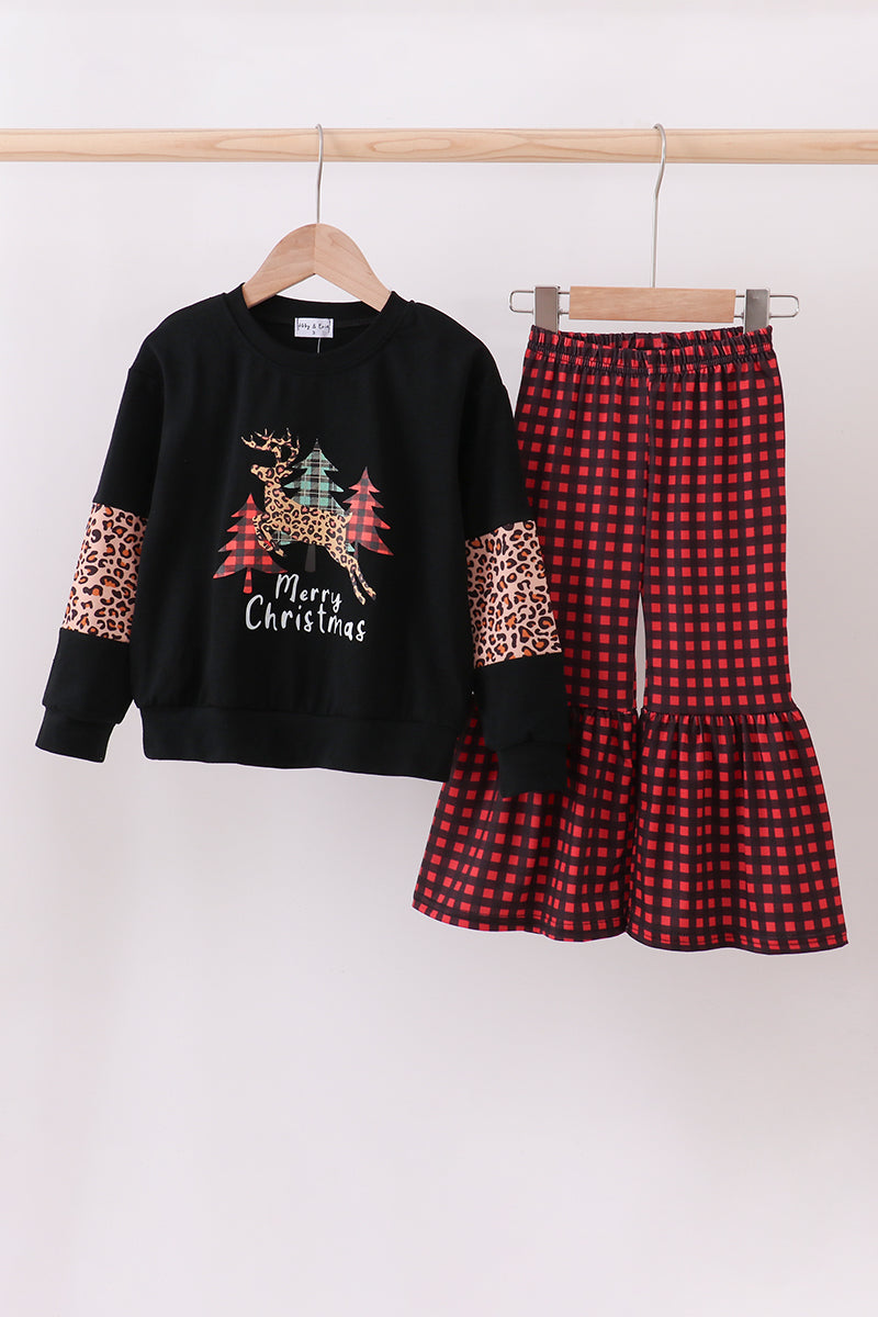 Black leopard tree deer print pants set