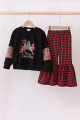 Black leopard tree deer print pants set