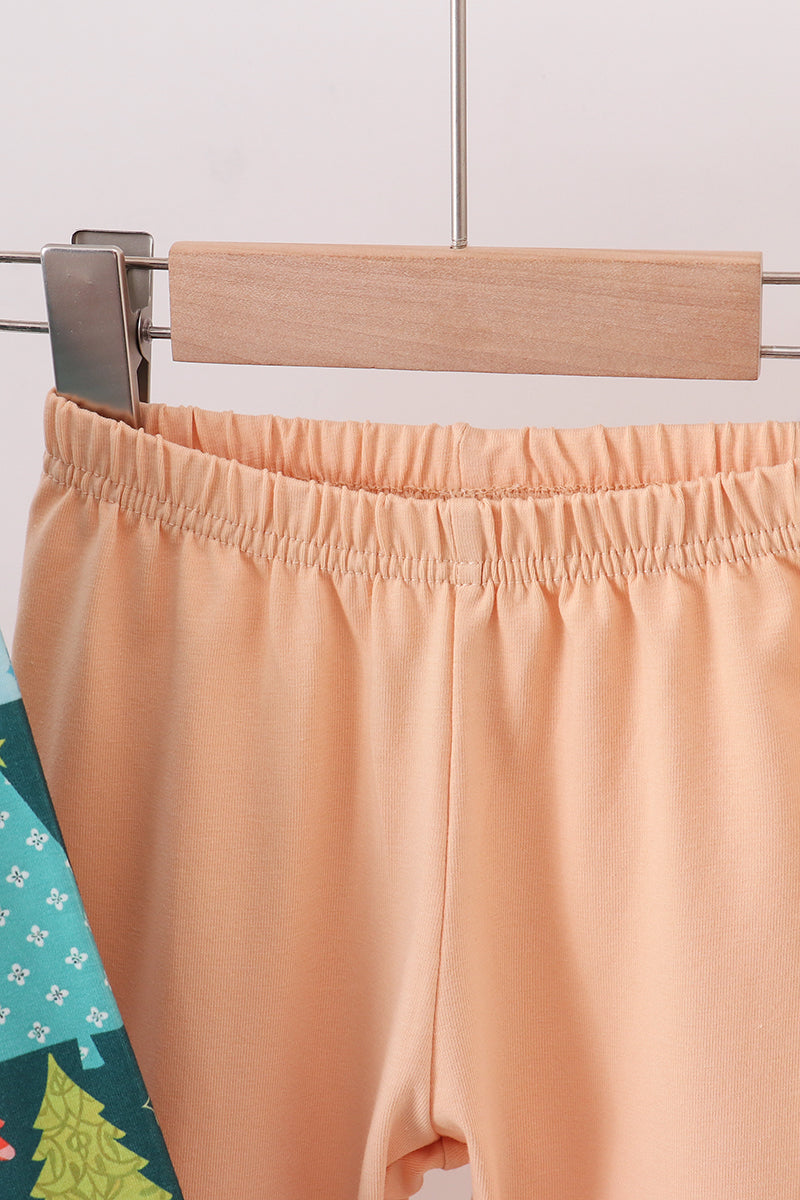 Green tree print ruffle pants set