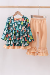Green tree print ruffle pants set