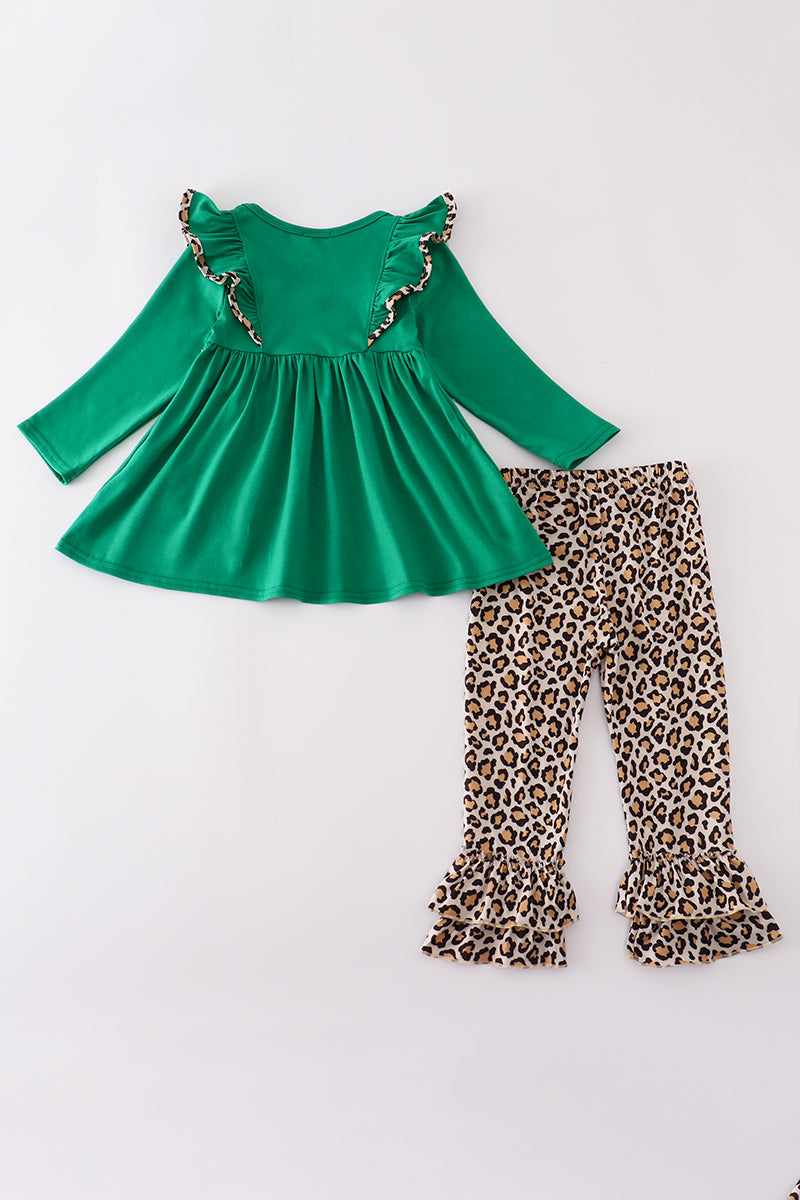 Forest tree applique leopard ruffle pants set