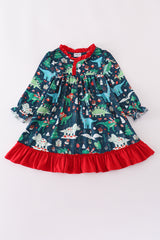 Green dinosaur print ruffle gown