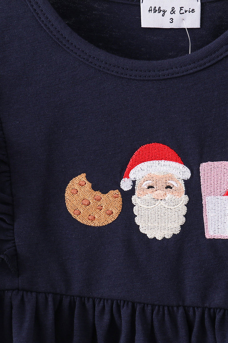 Navy christmas santa cookie milk embroidery ruffle pants set
