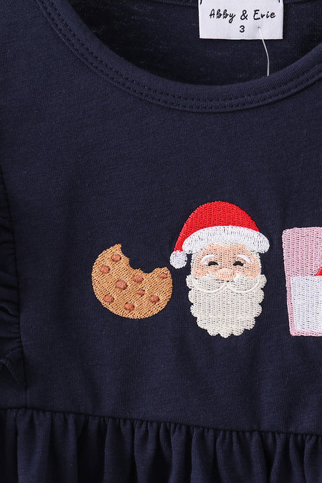 Navy christmas santa cookie milk embroidery ruffle pants set