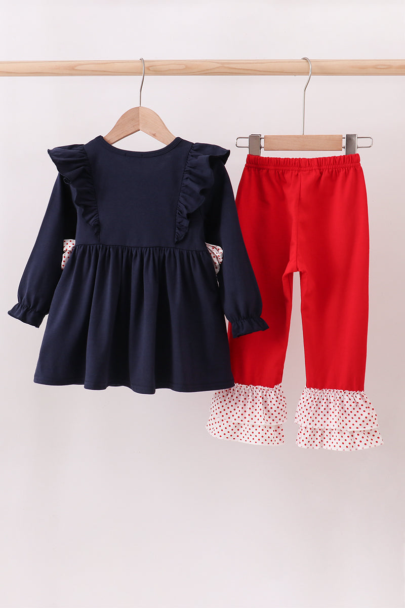 Navy christmas santa cookie milk embroidery ruffle pants set