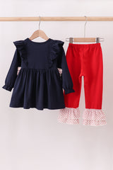 Navy christmas santa cookie milk embroidery ruffle pants set