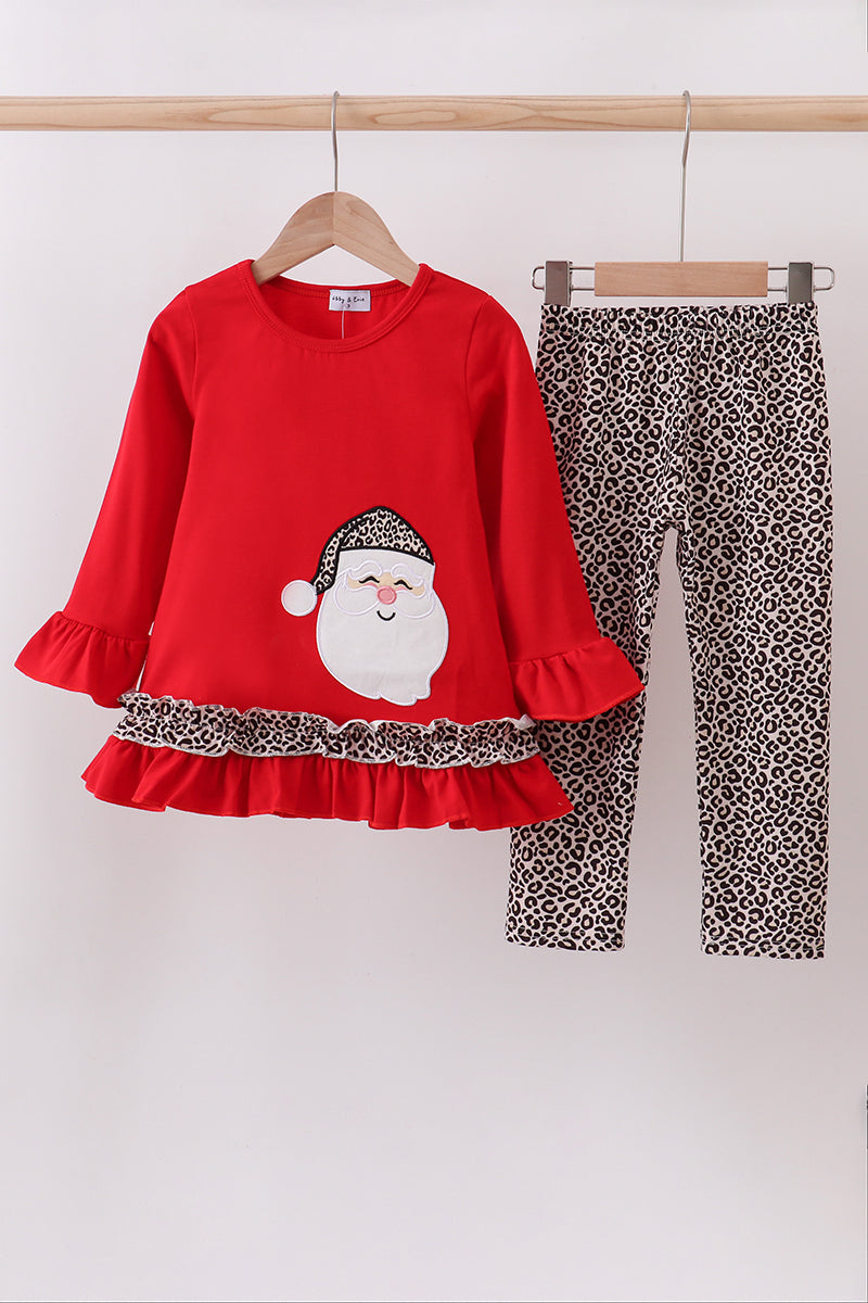 Red santa claus applique leopard ruffle pants set