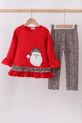 Red santa claus applique leopard ruffle pants set