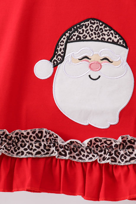 Red santa claus applique leopard ruffle pants set