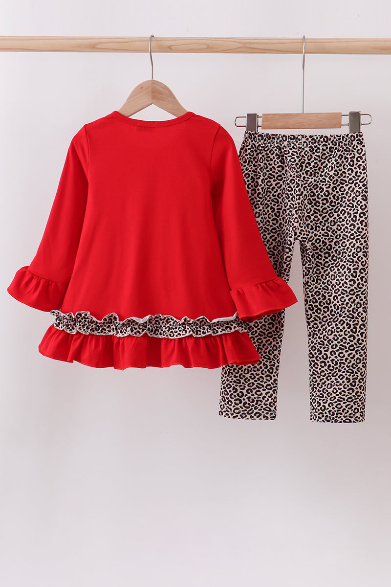 Red santa claus applique leopard ruffle pants set