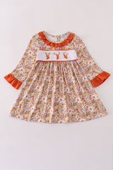 Rust flroal print deer embroidery ruffle dress