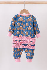 Navy gingerbread print ruffle romper