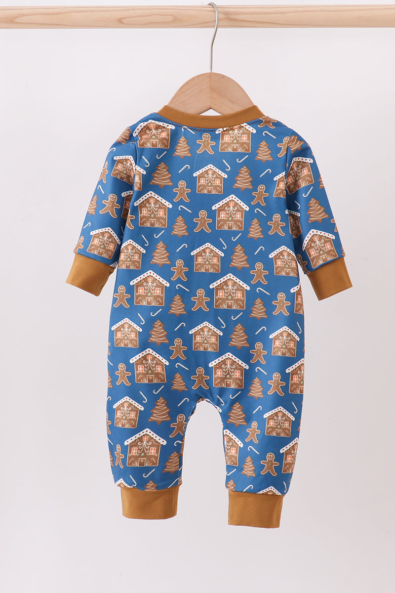 Navy gingerbread print romper