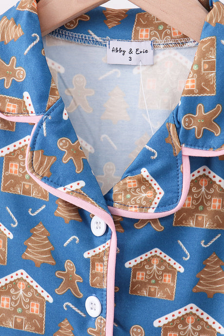 Navy gingerbread print ruffle pajamas set