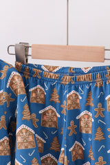 Navy gingerbread print ruffle pajamas set