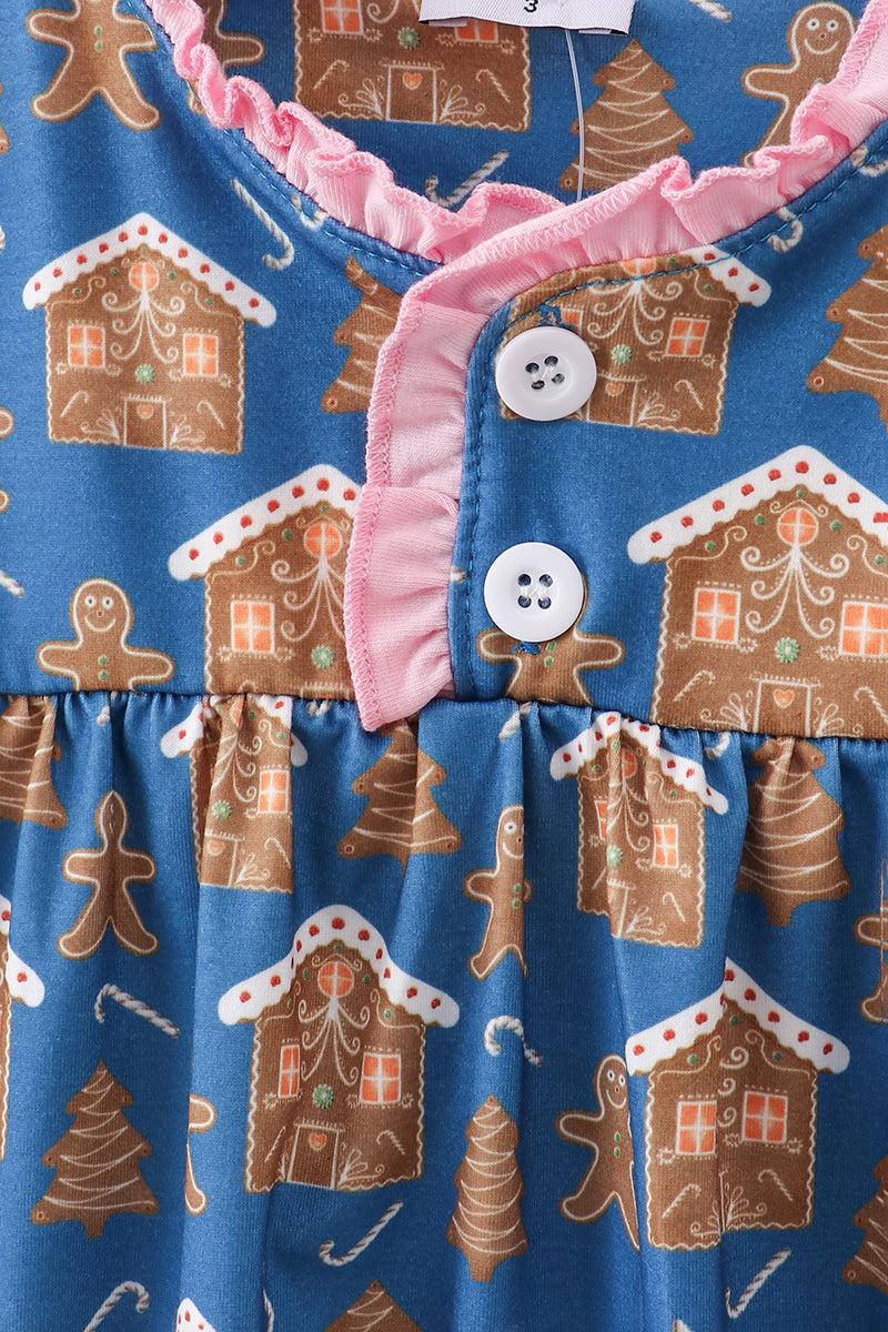 Navy gingerbread print ruffle gown