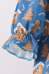 Navy gingerbread print ruffle gown