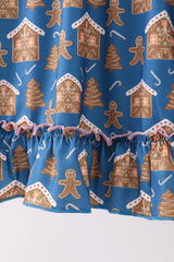 Navy gingerbread print ruffle gown