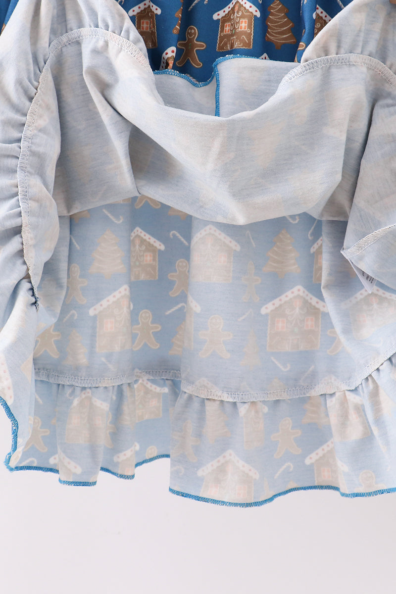 Navy gingerbread print ruffle gown