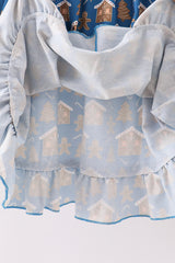 Navy gingerbread print ruffle gown