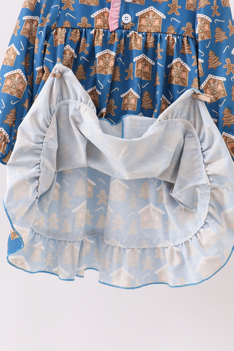 Navy gingerbread print ruffle gown