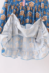 Navy gingerbread print ruffle gown